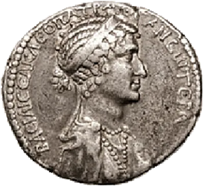 A silver denarius depicting Cleopatra and Mark Antony.