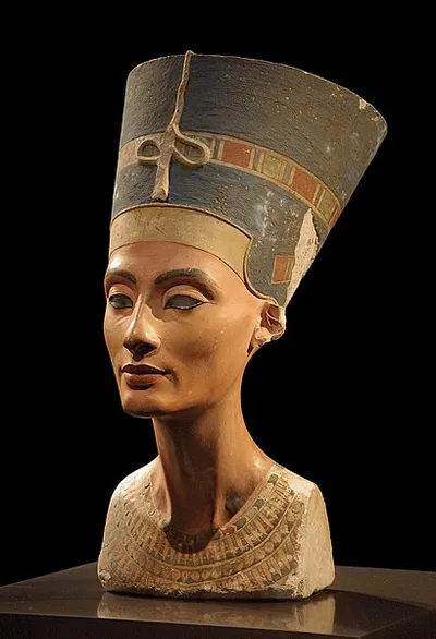 The famous limestone bust of Queen Nefertiti found in Amarna.